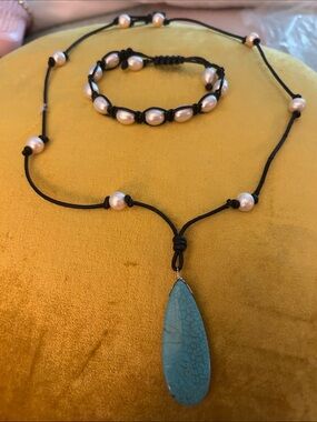 Handcrafted Turquoise Teardrop Necklace & Pearl Bracelet Set - Black Cord